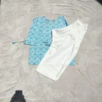 Teal geometric print kurta with white farshi shalwar