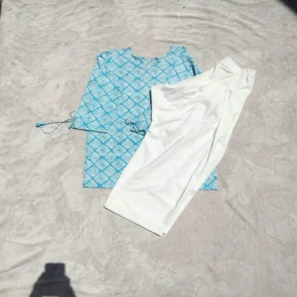 Teal geometric print kurta with white farshi shalwar