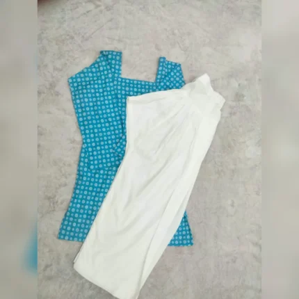 Turquoise floral print kurta with white farshi plazo