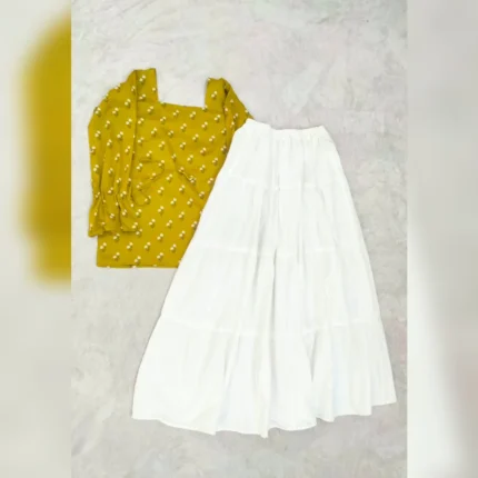 Mustard floral kurti with white tiered skirt by SHEEFON Closet